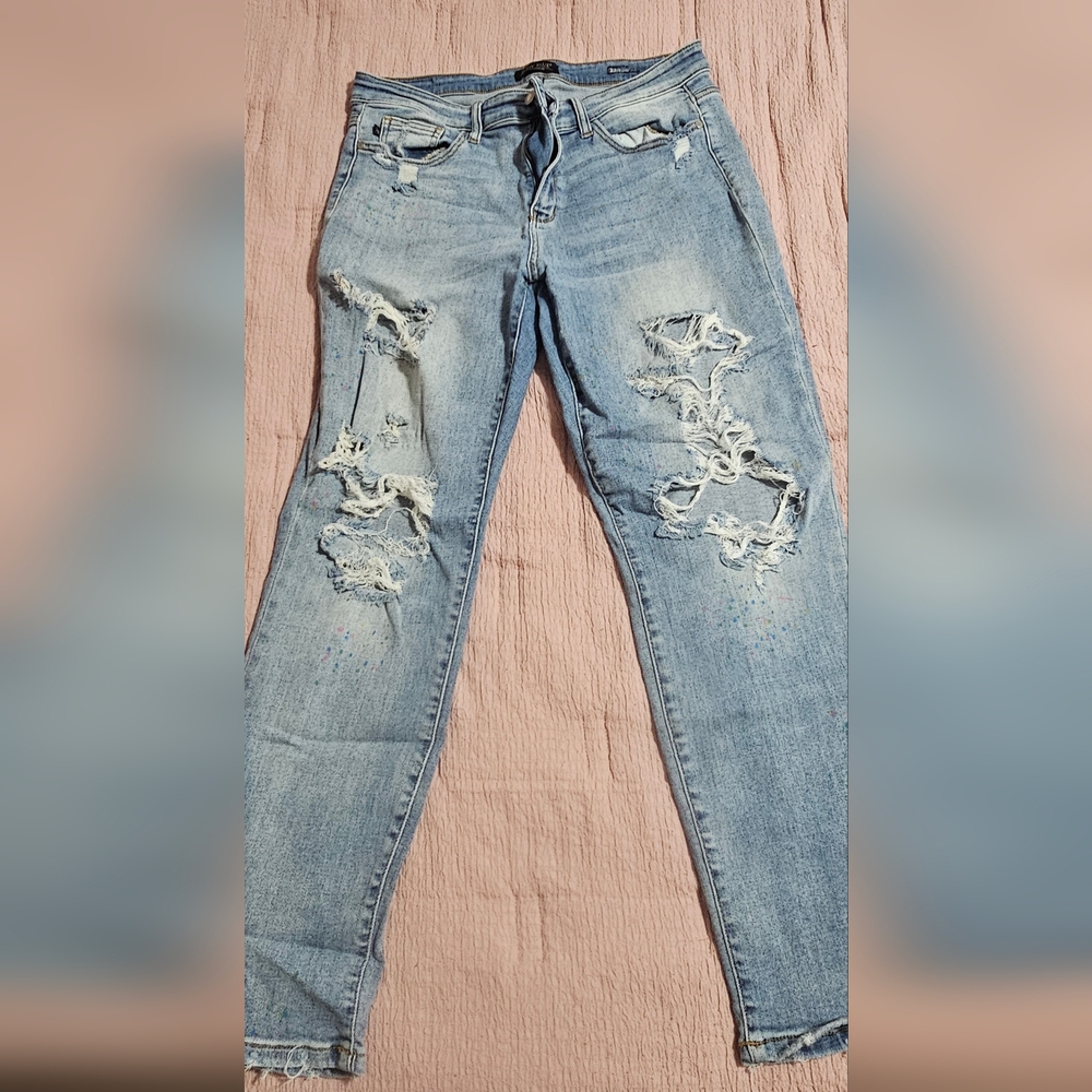 Judy Blue Light Blue Paint Splatter Distressed Boyfriend Jeans